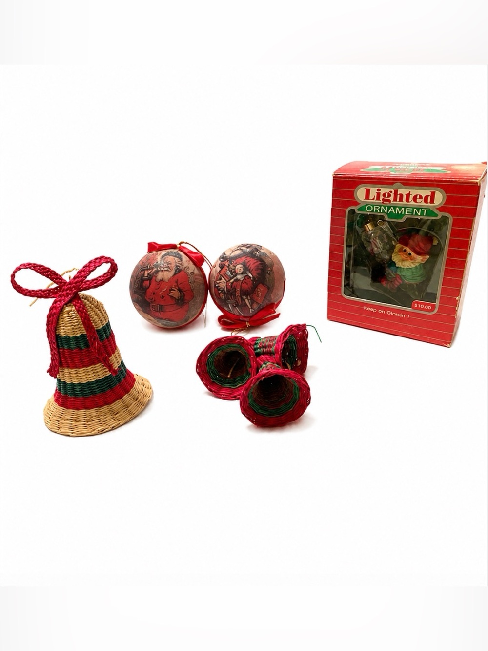 Mixed Vintage Christmas Lot of 5 Paper Mache, Hallmark, And Wicker Straw!!